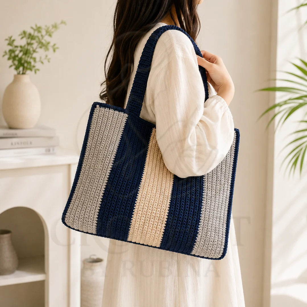 Crochet Striped Tote Bag